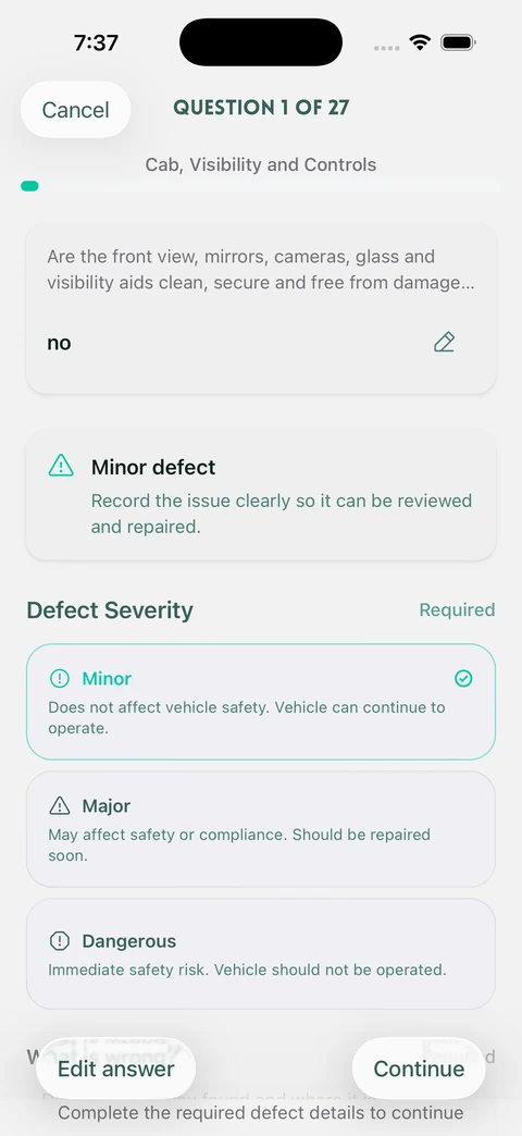 AutoMauve mobile question flow for driver checks