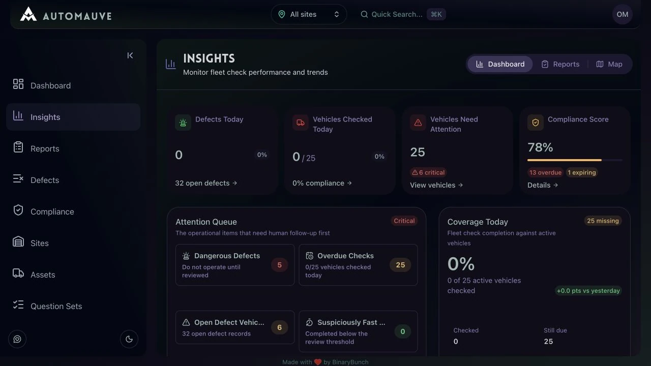 AutoMauve insights dashboard with fleet compliance records