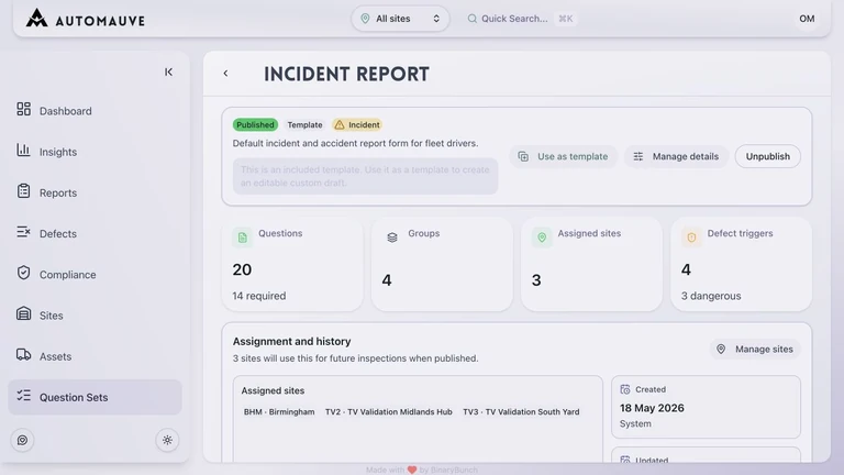 AutoMauve dashboard for configuring fleet inspection questions